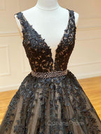 A Line Black V Neck Lace Long Evening Prom Dress