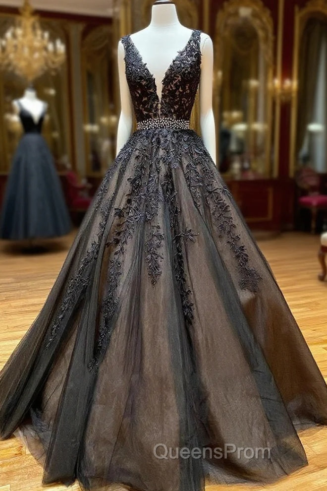 A Line Black V Neck Lace Long Evening Prom Dress Main image