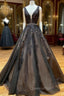 A Line Black V Neck Lace Long Evening Prom Dress