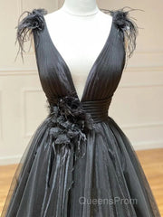 A Line Black V Neck Tulle Long Evening Prom Dress