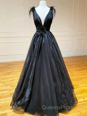 A Line Black V Neck Tulle Long Evening Prom Dress
