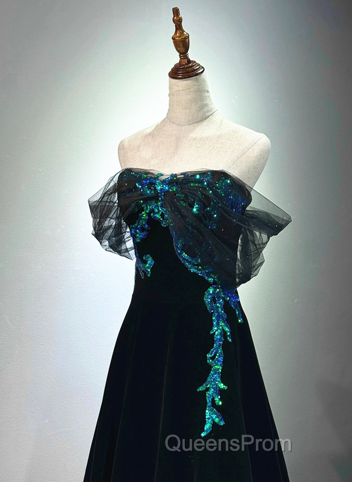 A-line Black Velvet and Tulle Off Shoulder Party Dress, Black Long Evening Prom Dress Secondary image
