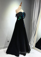 A-line Black Velvet and Tulle Off Shoulder Party Dress, Black Long Evening Prom Dress