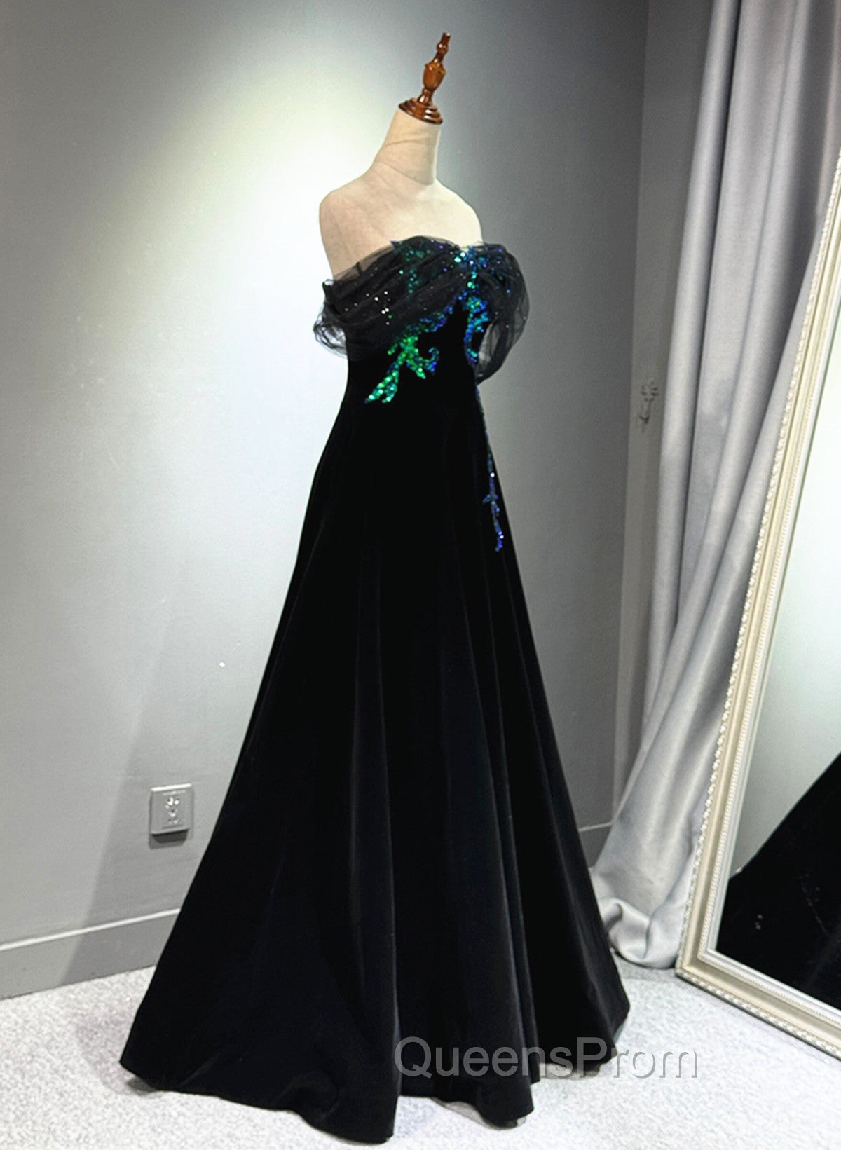 A-line Black Velvet and Tulle Off Shoulder Party Dress, Black Long Evening Prom Dress