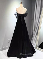 A-line Black Velvet and Tulle Off Shoulder Party Dress, Black Long Evening Prom Dress