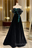 A-line Black Velvet and Tulle Off Shoulder Party Dress, Black Long Evening Prom Dress
