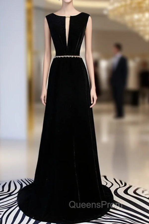 A-Line Black Velvet Backless Evening Prom Dress With Beading Main image