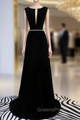 A-Line Black Velvet Backless Evening Prom Dress With Beading
