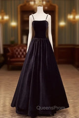 A-Line Black Velvet Floor-Length Evening Prom Dress, Pearls Spaghetti Straps Long Party Dress