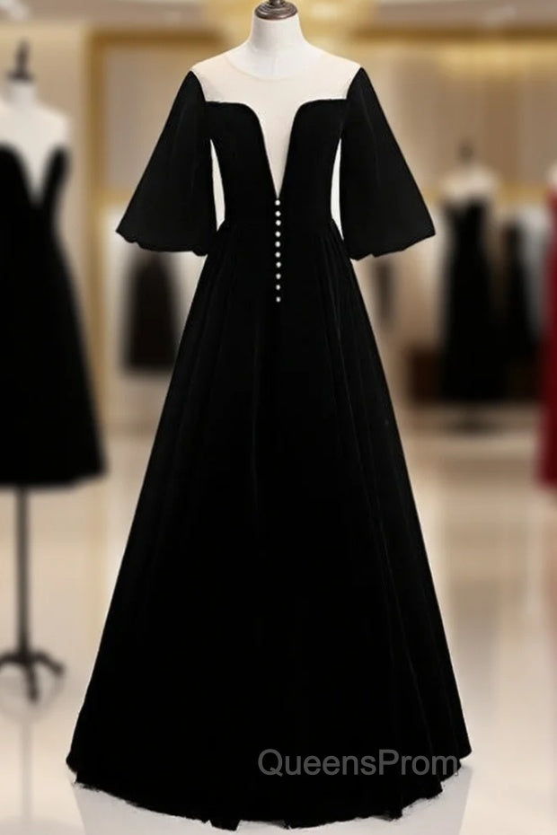 A-Line Black Velvet Horn Sleeve See Through Evening Prom Dress Main image