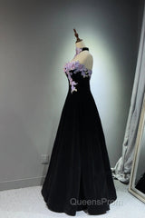 A-Line Black Velvet Long Party Dress With Lace Applique, Black Velvet Evening Prom Dress