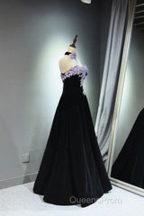 A-Line Black Velvet Long Party Dress With Lace Applique, Black Velvet Evening Prom Dress