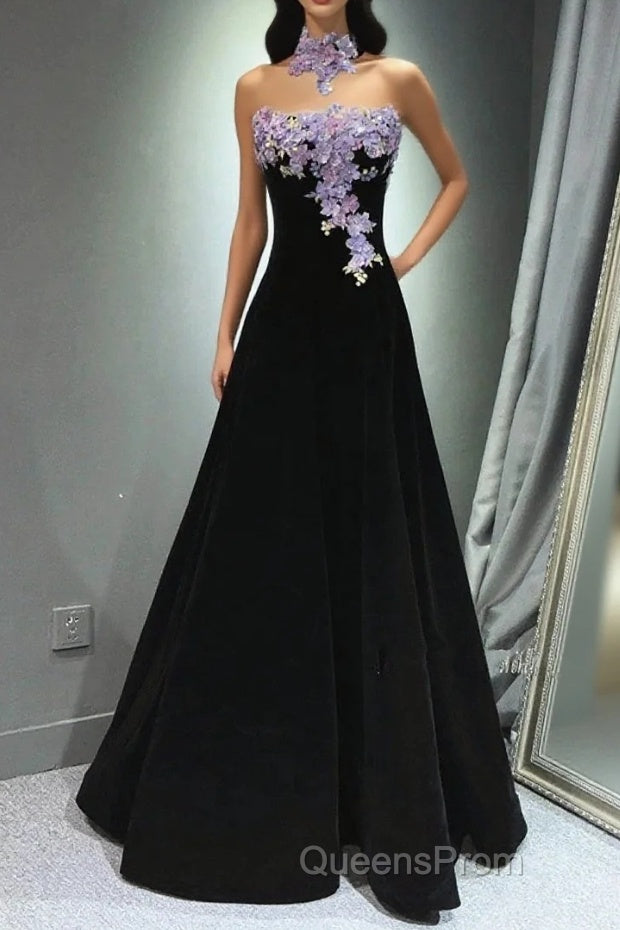 A-Line Black Velvet Long Party Dress With Lace Applique, Black Velvet Evening Prom Dress Main image