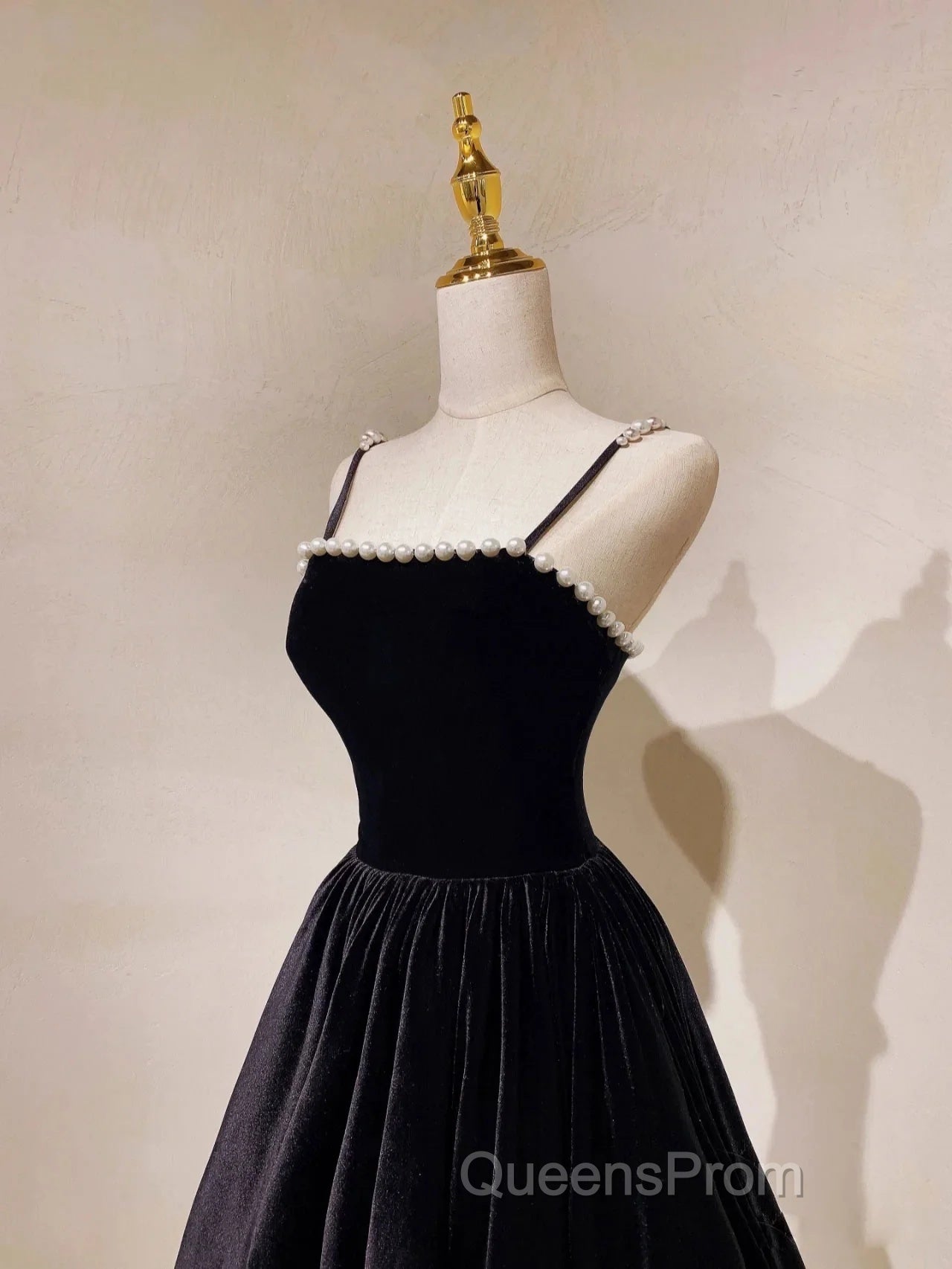 A Line Black Velvet Long Evening Prom Dress Beaded Birthday Party Dress