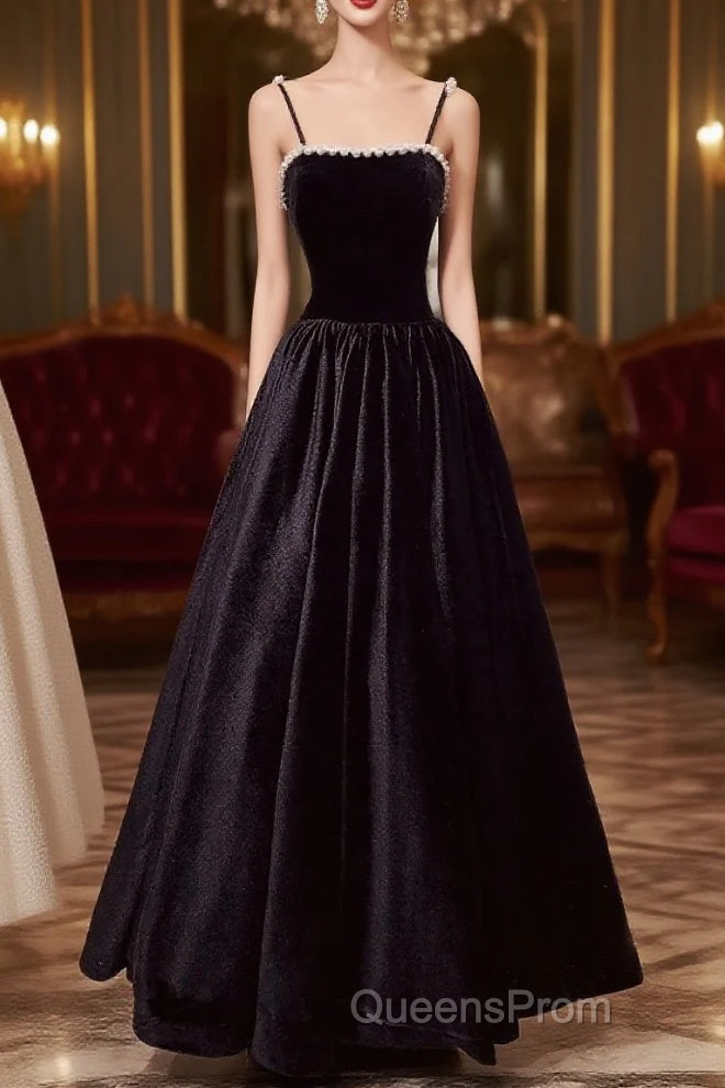 A Line Black Velvet Long Evening Prom Dress Beaded Birthday Party Dress Main image