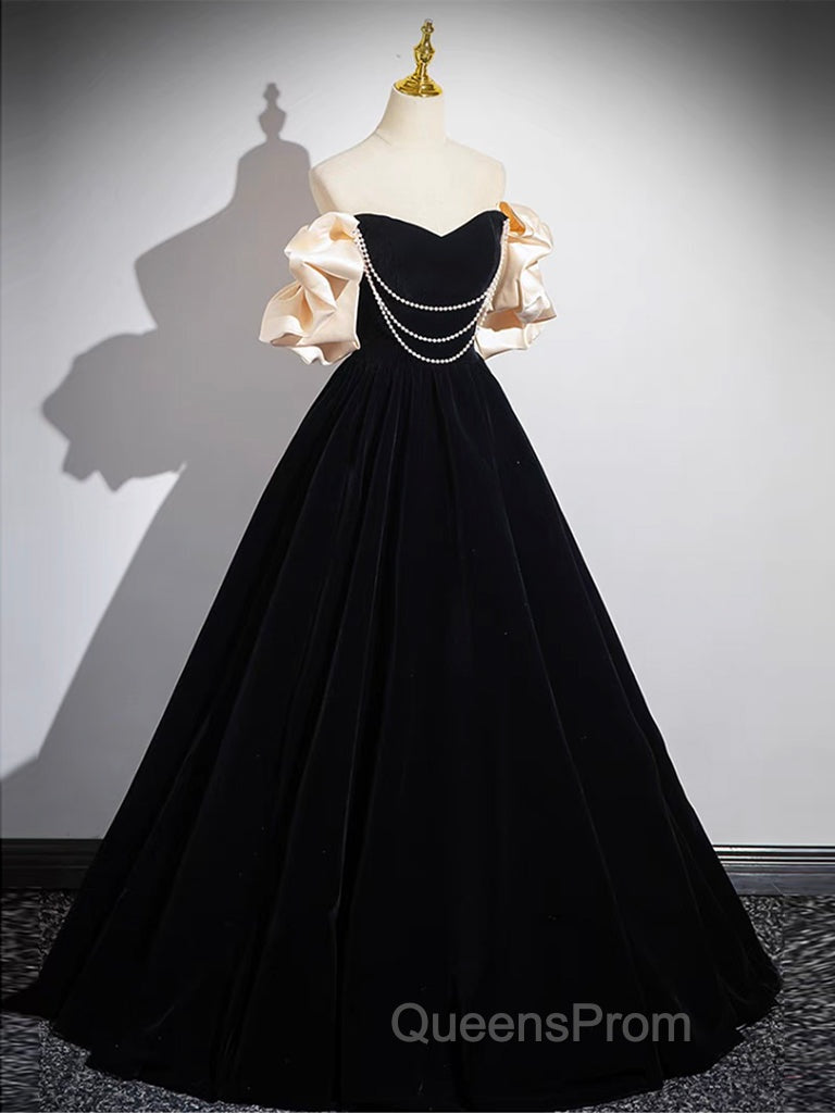 A-Line Black Velvet Long Evening Prom Dress, Black Long Evening Dress