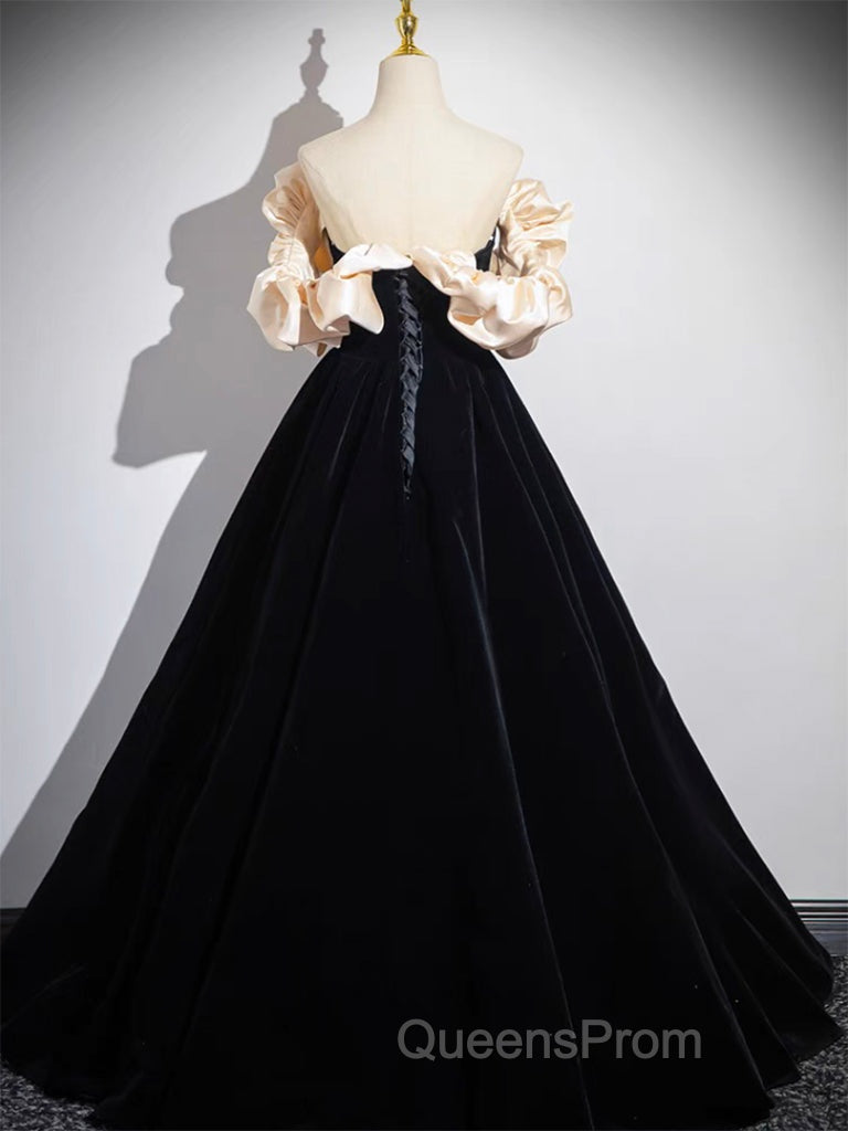 A-Line Black Velvet Long Evening Prom Dress, Black Long Evening Dress