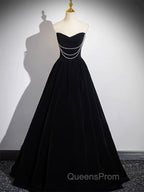 A-Line Black Velvet Long Evening Prom Dress, Black Long Evening Dress