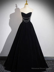 A-Line Black Velvet Long Prom Dress, Black Long Evening Dress