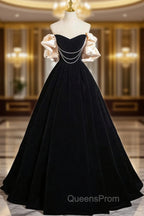 A-Line Black Velvet Long Evening Prom Dress, Black Long Evening Dress