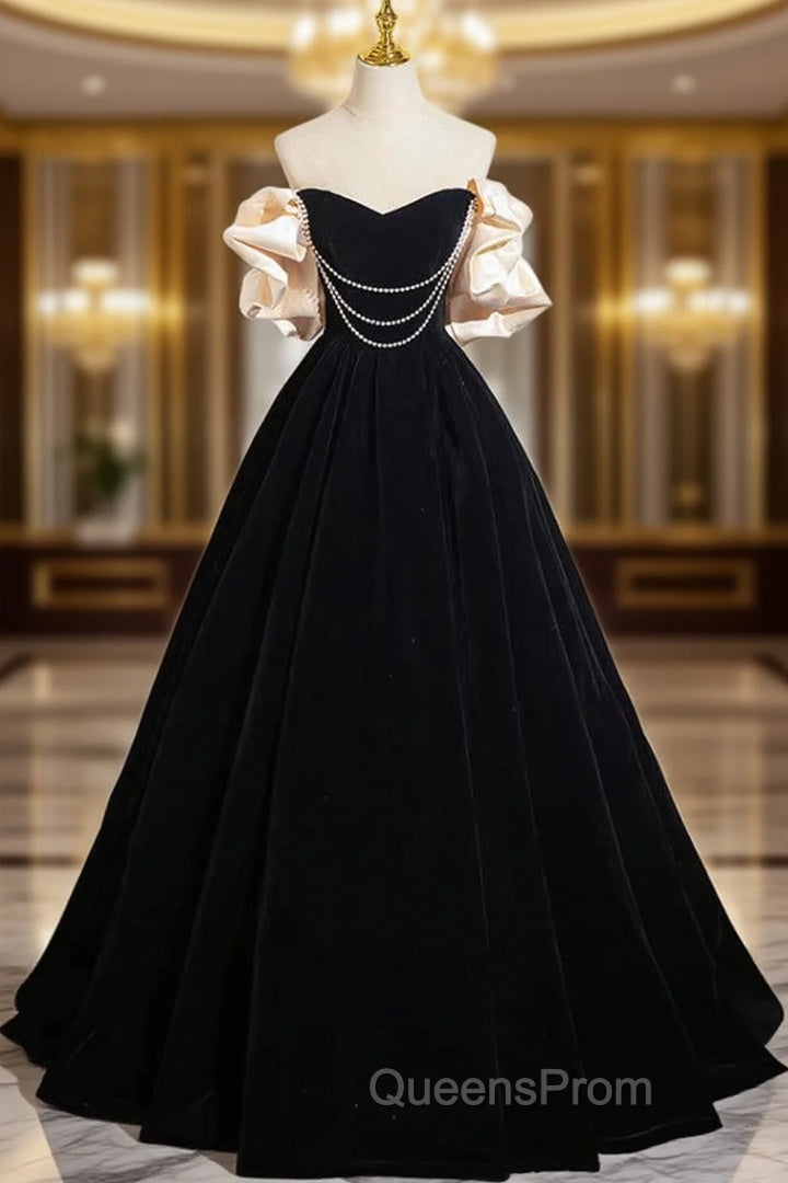A-Line Black Velvet Long Evening Prom Dress, Black Long Evening Dress