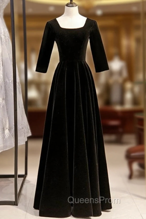 A-Line Black Velvet Square Short Sleeve Evening Prom Dress Main image
