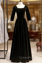 A-Line Black Velvet Square Short Sleeve Evening Prom Dress