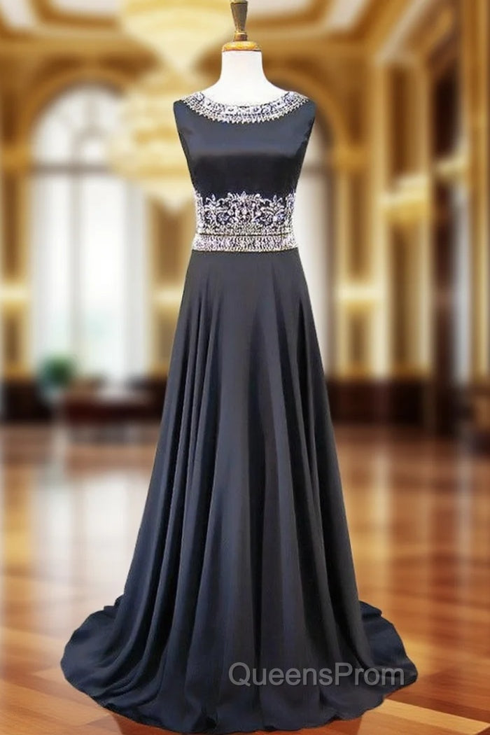A-line Bling Bling Beaded Crystals Floor Length Black Evening Prom Dress Main image