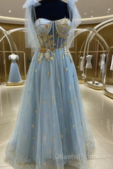 A-Line Blue And Gold Appliqed Long Formal Dress Evening Prom Dress
