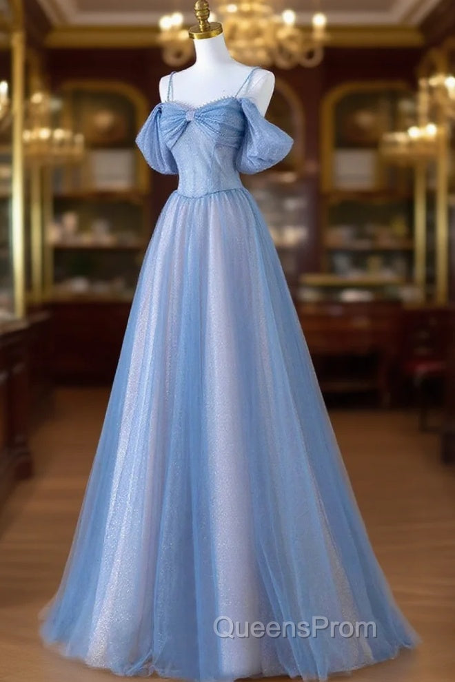 A-line Blue and Pink Beaded Tulle Long Party Dress, Blue Evening Prom Dress Main image