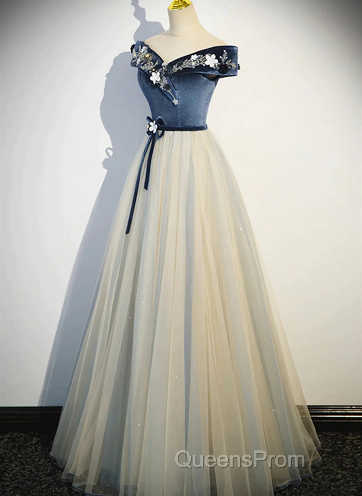 A-Line Blue-Grey Off Shoulder Long Party Dress, Tulle And Velevet Long Evening Prom Dress Secondary image