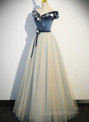 A-Line Blue-Grey Off Shoulder Long Party Dress, Tulle And Velevet Long Evening Prom Dress