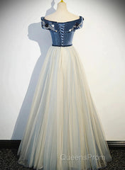 A-Line Blue-Grey Off Shoulder Long Party Dress, Tulle And Velevet Long Evening Prom Dress