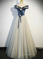 A-Line Blue-Grey Sequins Off Shoulder Long Party Dress Velevet Long Evening Prom Dress