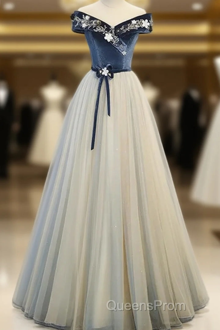 A-Line Blue-Grey Sequins Off Shoulder Long Party Dress Velevet Long Evening Prom Dress Main image