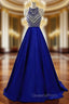 A-Line Blue Halter Satin Beading Evening Prom Dress With Pocket