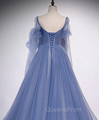 A line Blue Long Evening Prom Dress, Blue Evening Graduation Dress with Beading