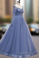 A line Blue Long Evening Prom Dress, Blue Evening Graduation Dress with Beading