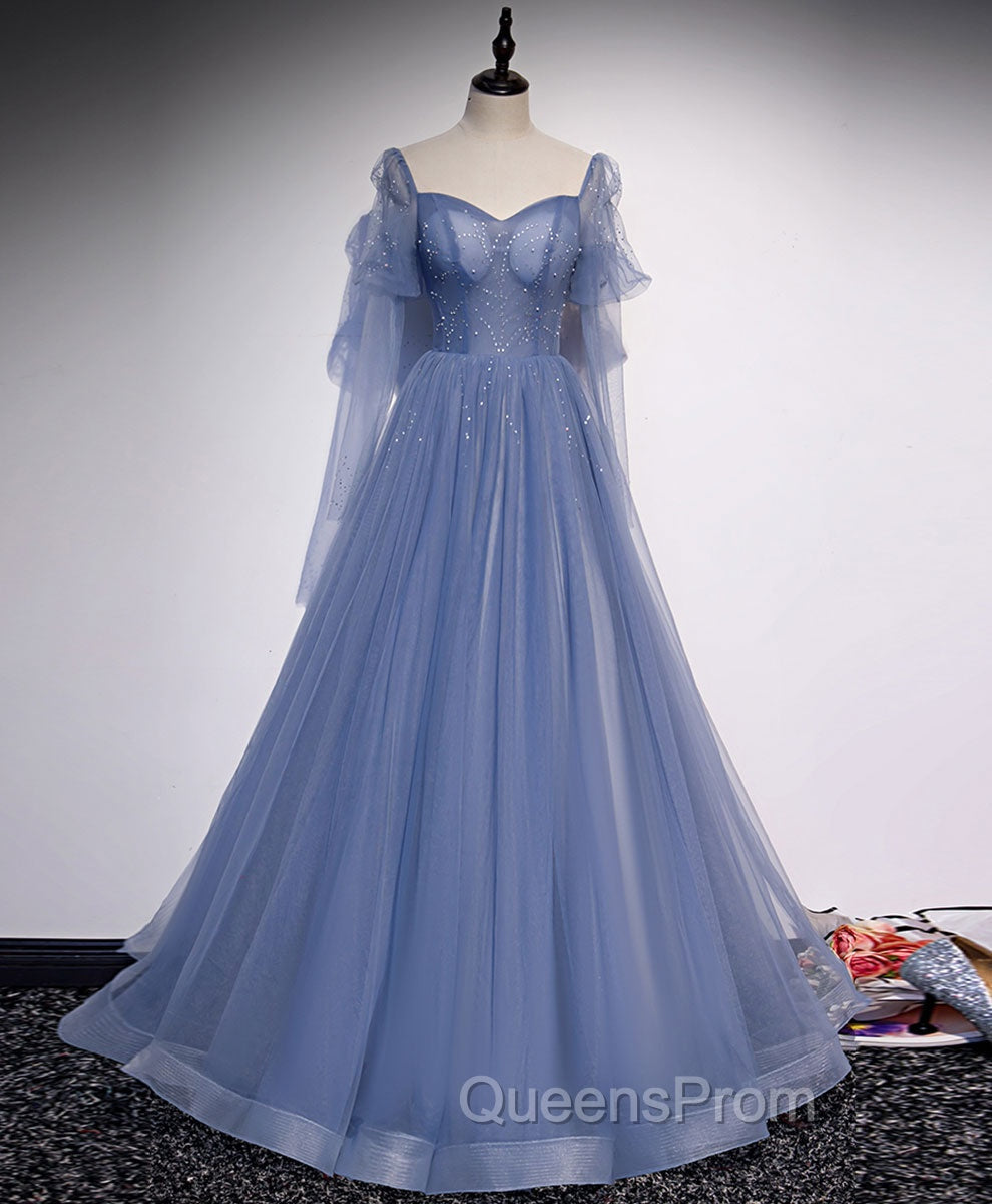 A line Blue Long Evening Prom Dress, Blue Evening Graduation Dress with Beading Main image
