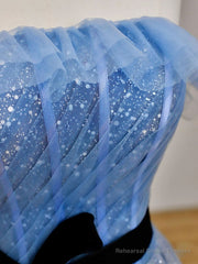 A-Line Blue Long Prom Dress, Tulle Sequin Long Blue Formal Evening Dress