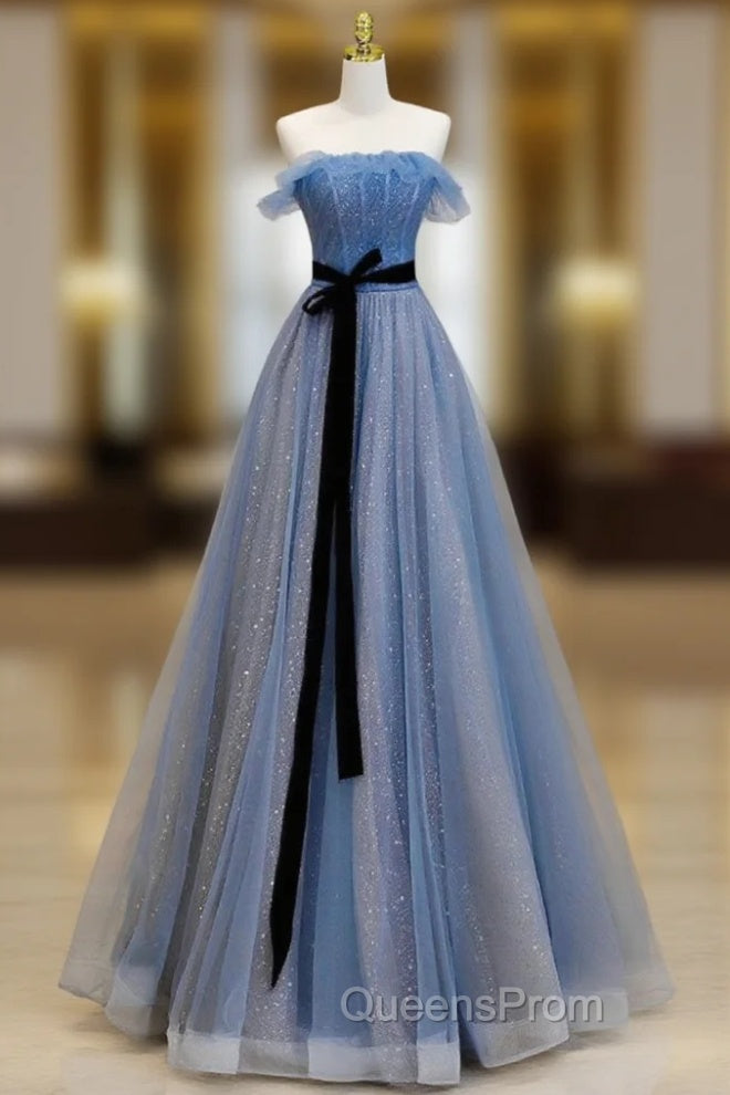A-Line Blue Long Evening Prom Dress, Tulle Sequin Long Blue Evening Dress