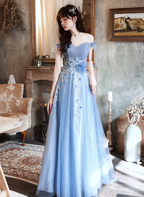 A-Line Blue Off Shoulder With Lace Long Classy Evening Dress, Blue Long Classy Prom Dress