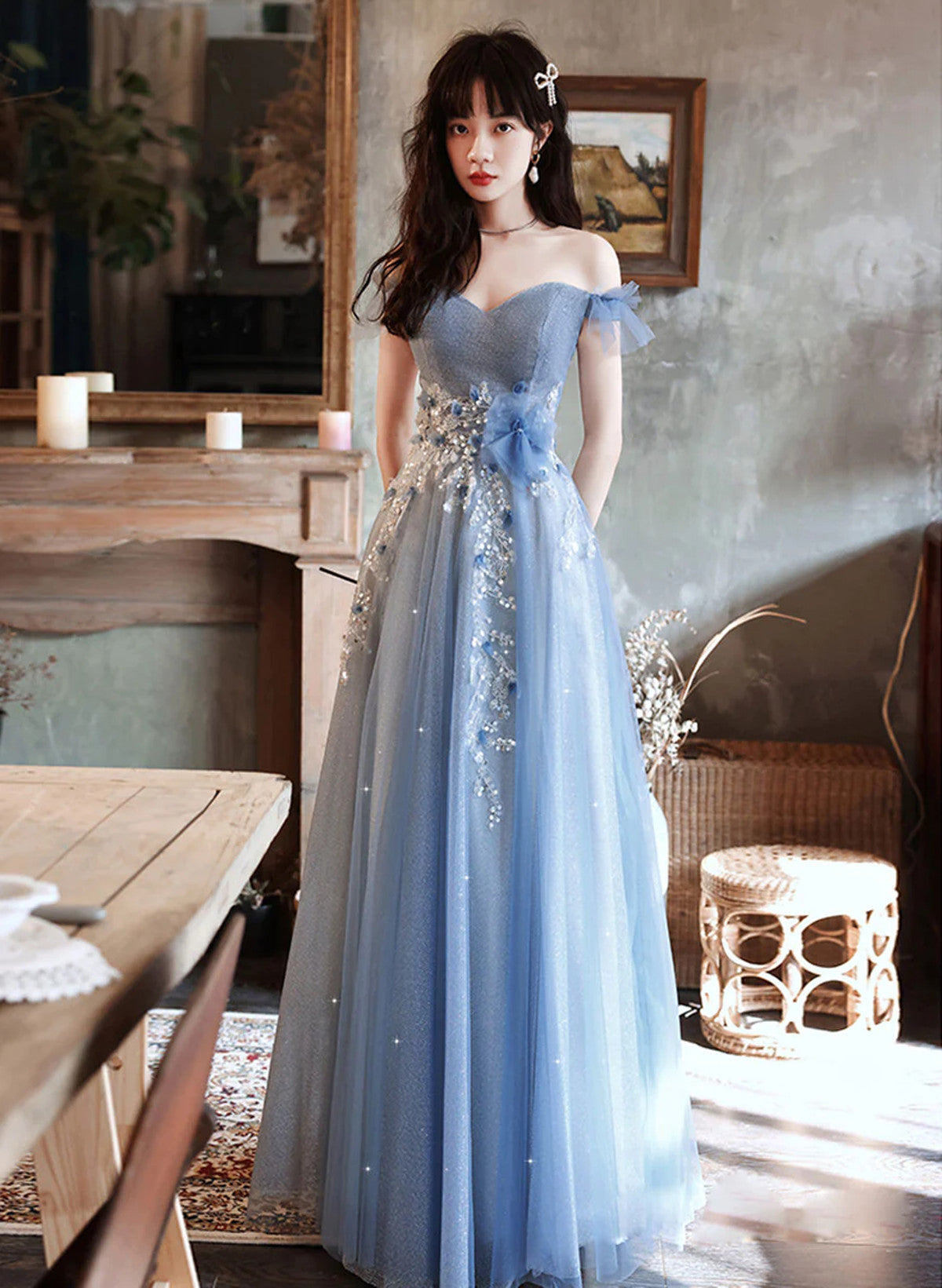 A-Line Blue Off Shoulder With Lace Long Classy Evening Dress, Blue Long Classy Prom Dress Secondary image