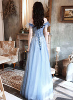 A-Line Blue Off Shoulder With Lace Long Classy Evening Dress, Blue Long Classy Prom Dress
