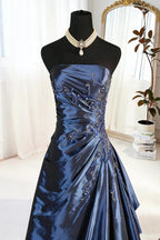 A-Line Blue Satin Beaded Floor Length Classy Prom Dress, Blue Satin Scoop Long Party Dress