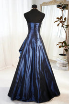 A-Line Blue Satin Beaded Floor Length Classy Prom Dress, Blue Satin Scoop Long Party Dress