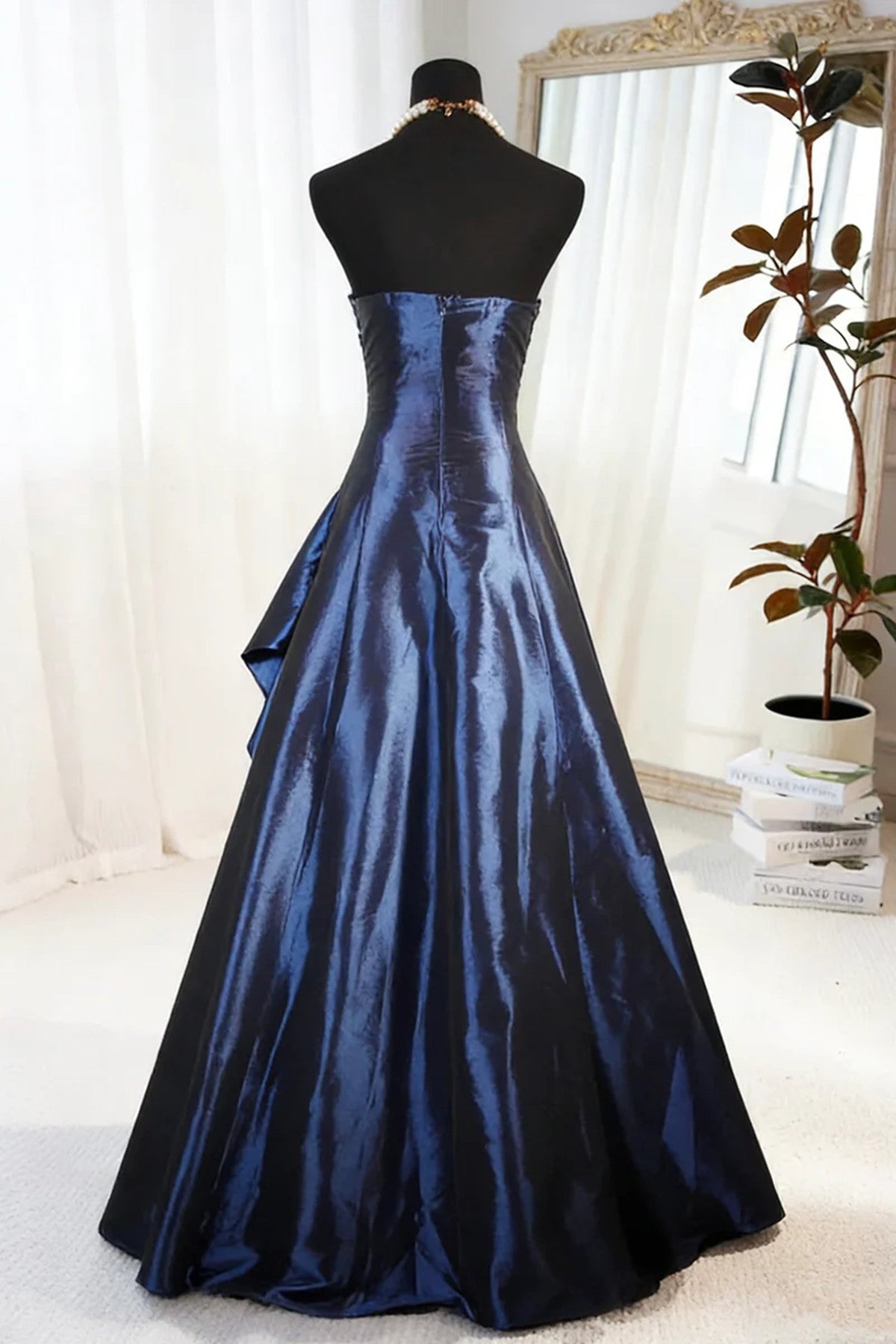 A-Line Blue Satin Beaded Floor Length Classy Prom Dress, Blue Satin Scoop Long Party Dress