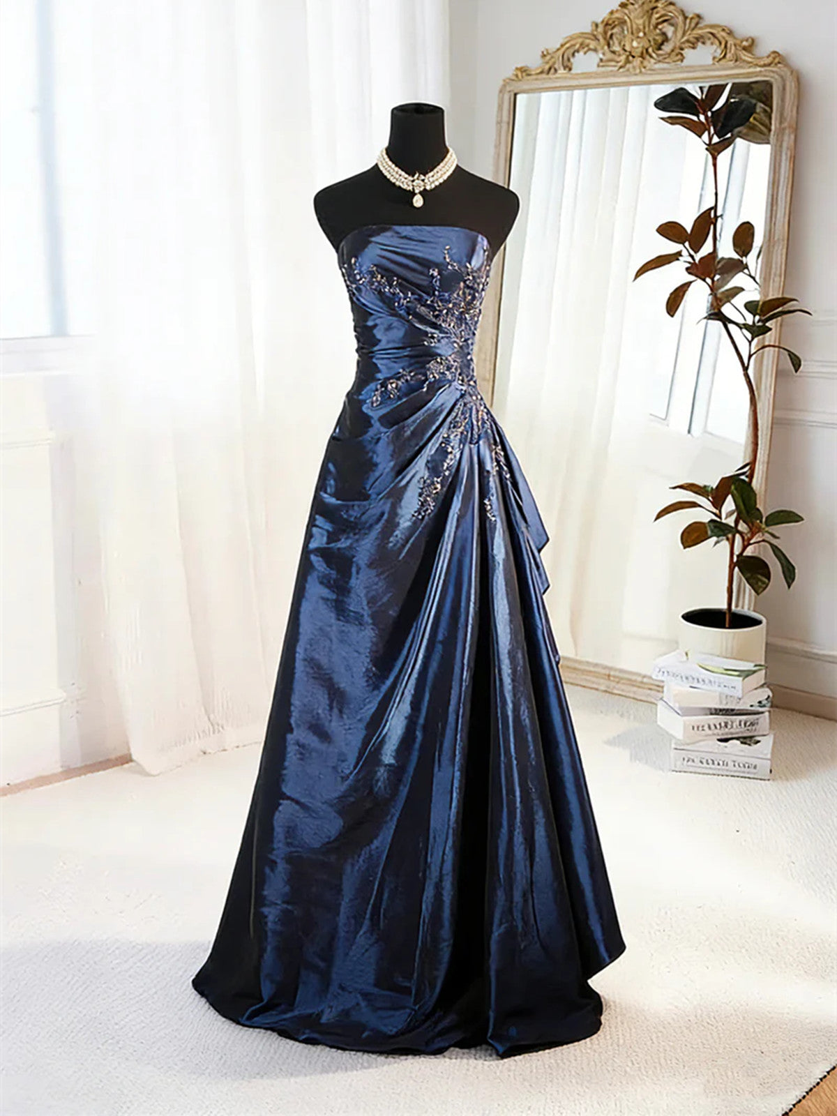 A-Line Blue Satin Beaded Floor Length Classy Prom Dress, Blue Satin Scoop Long Party Dress Main image