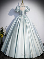 A-Line Blue Satin Long Evening Prom Dress, Blue Long Evening Dress
