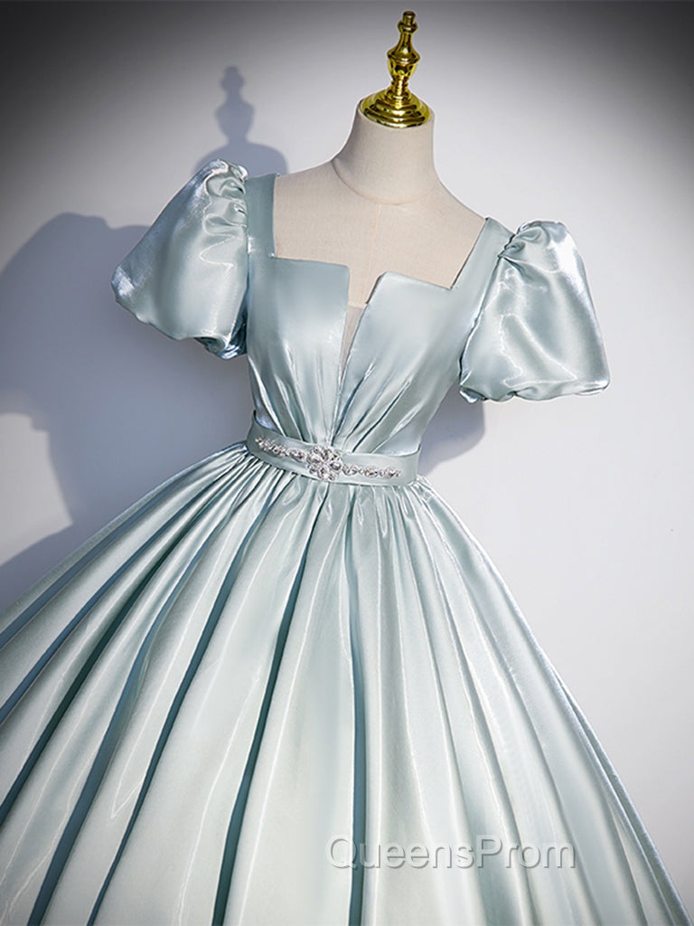 A-Line Blue Satin Long Evening Prom Dress, Blue Long Evening Dress